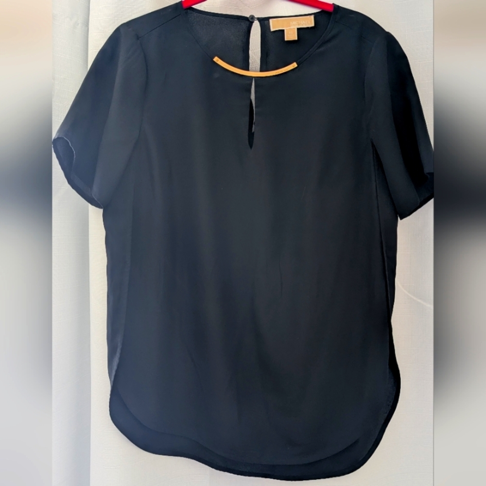 Michael Kors Gray Blouse with Mandarin Collar and Short Sleeves